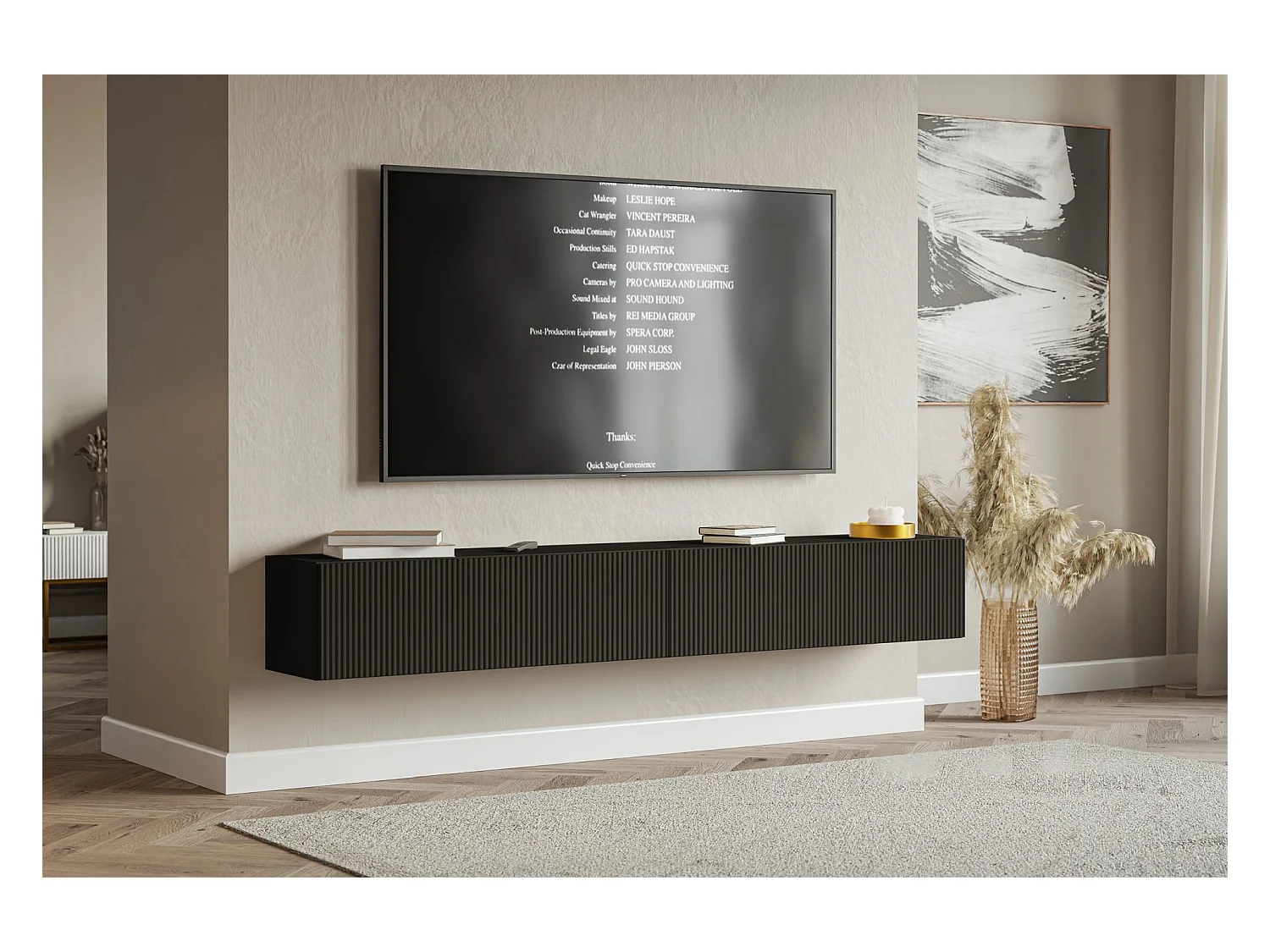 TV-Lowboard hängend – mit geriffelten Fronten – 200 cm – schwarz – VELDIO