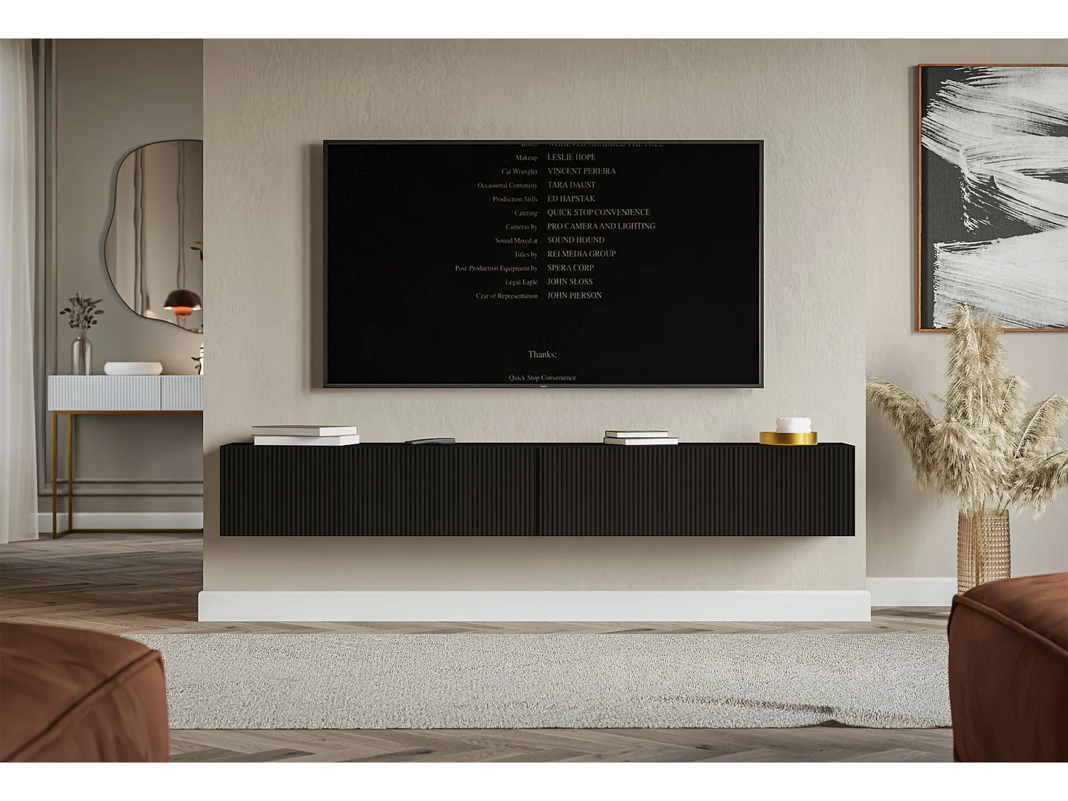 Meuble TV mural avec façades à lamelles rainurées – 2 portes – noir – 200 cm – VELDIO