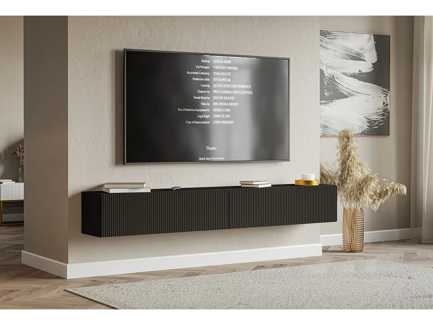 Meuble TV mural avec façades à lamelles rainurées – 2 portes – noir – 200 cm – VELDIO