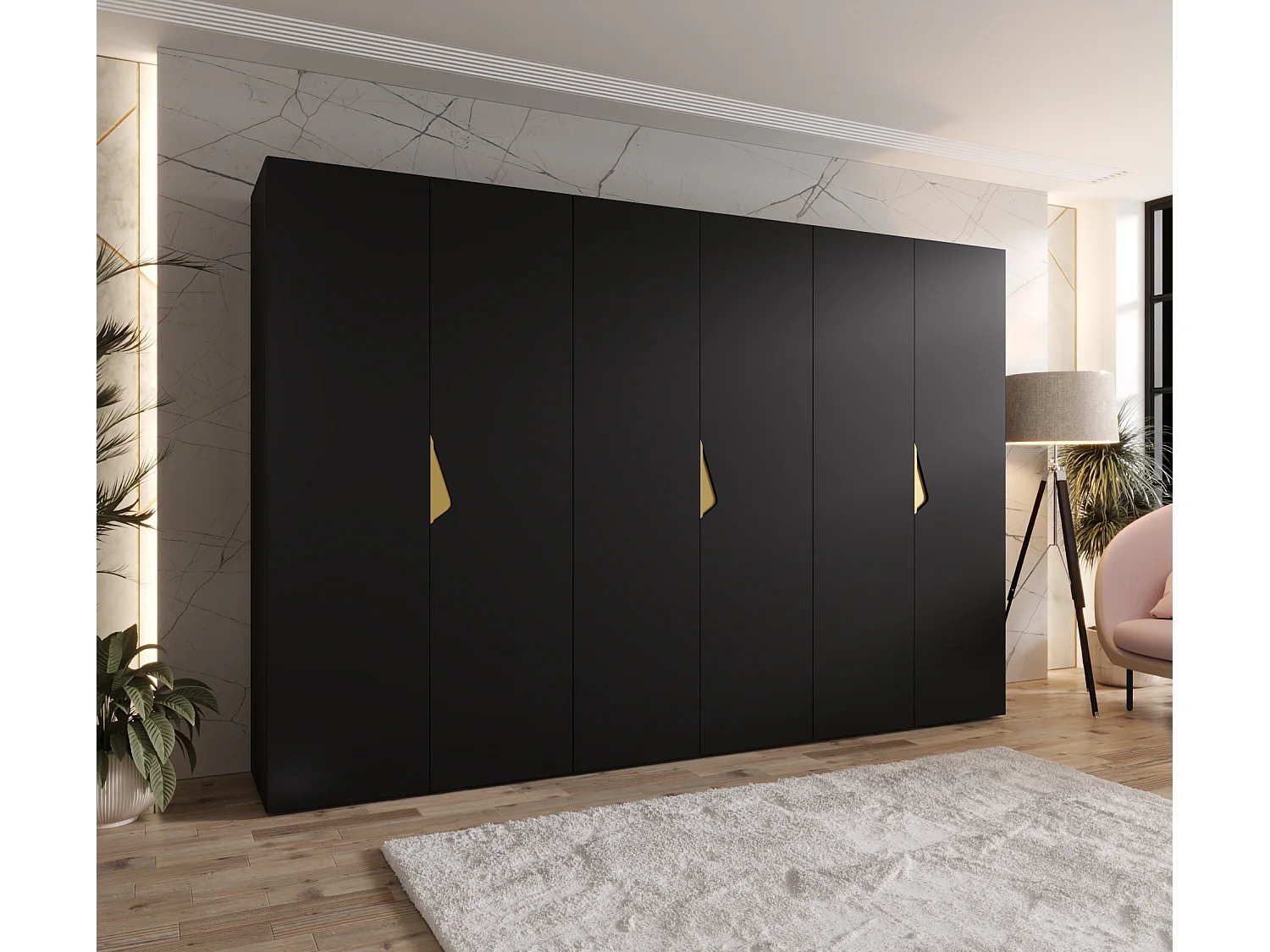 Armoire à portes battantes Sandi 1 300 (100x3) / 202 / 52 (Noir + poignées: Gold)