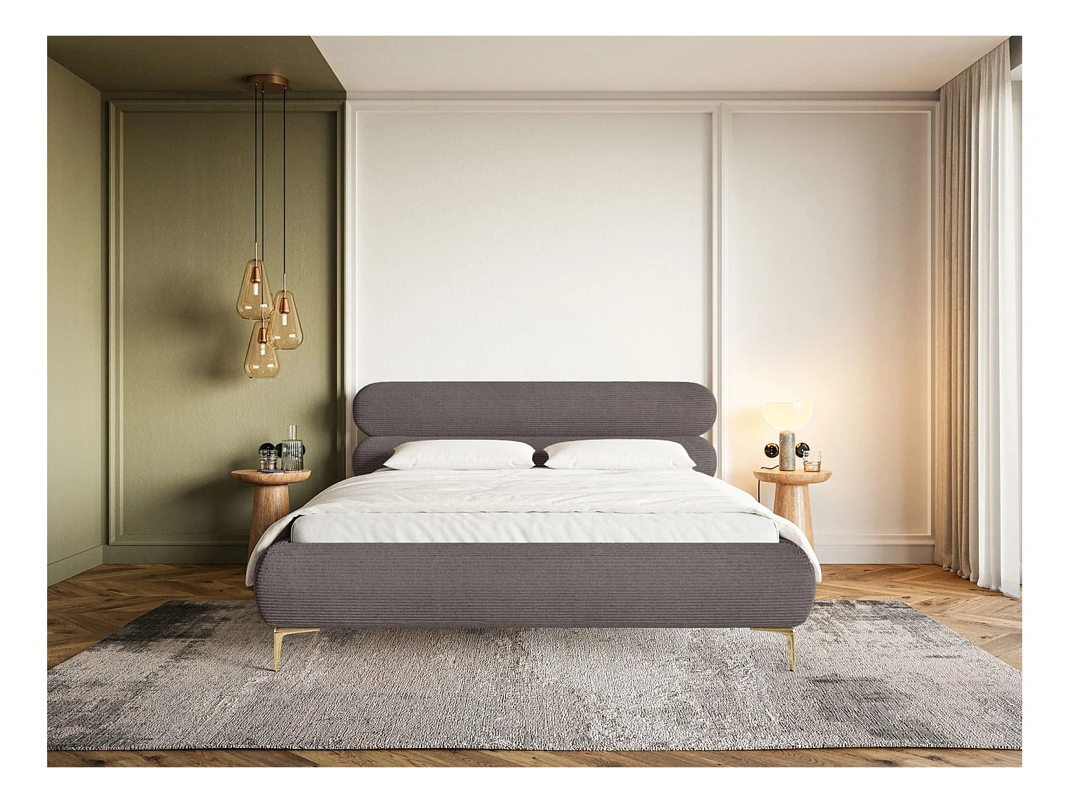 Polsterbett 160x200 mit Bettkasten – Cordstoff – goldfarbenen Füßen – Braun – ROULE CORD