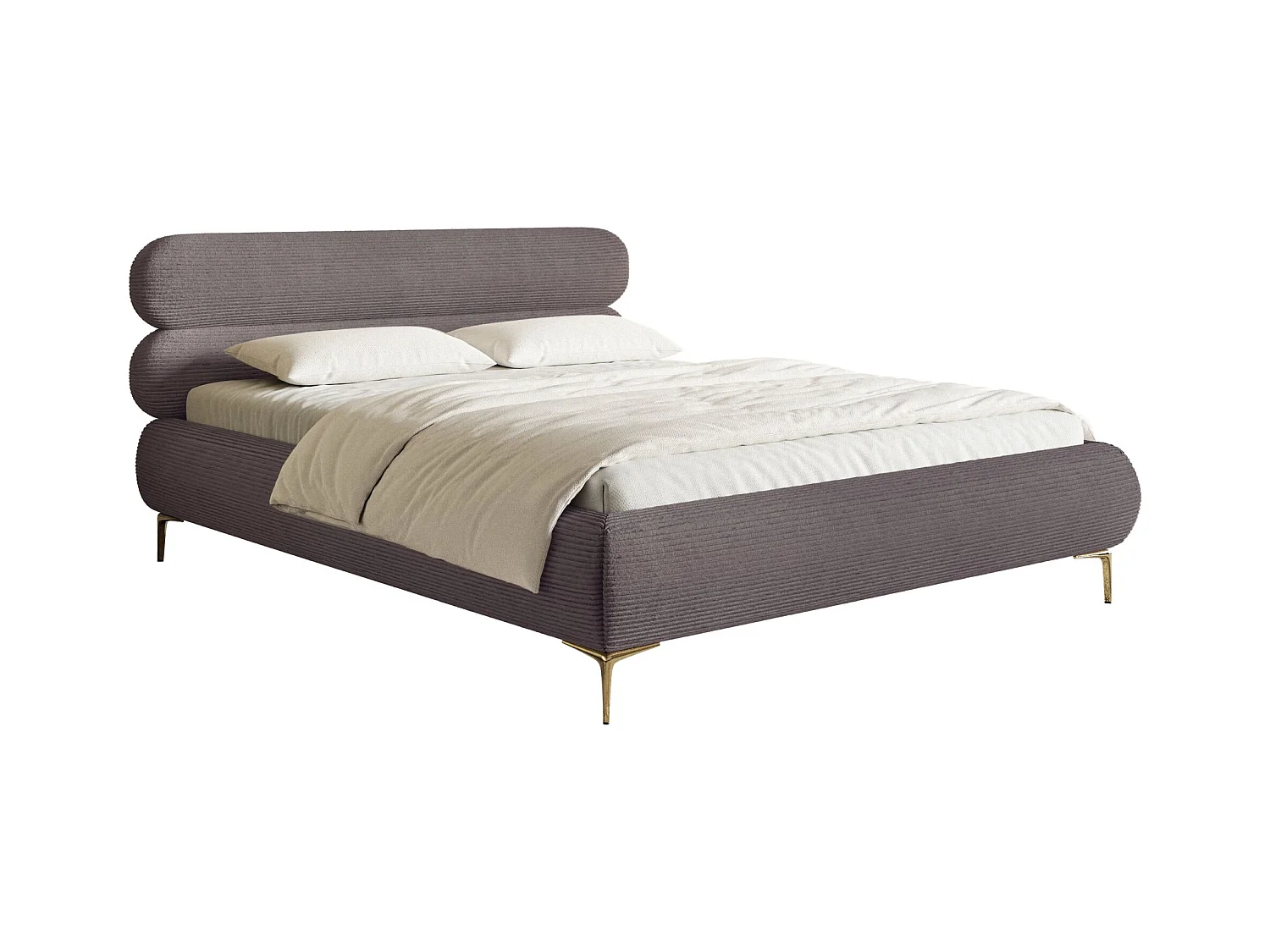 Polsterbett 160x200 mit Bettkasten – Cordstoff – goldfarbenen Füßen – Braun – ROULE CORD