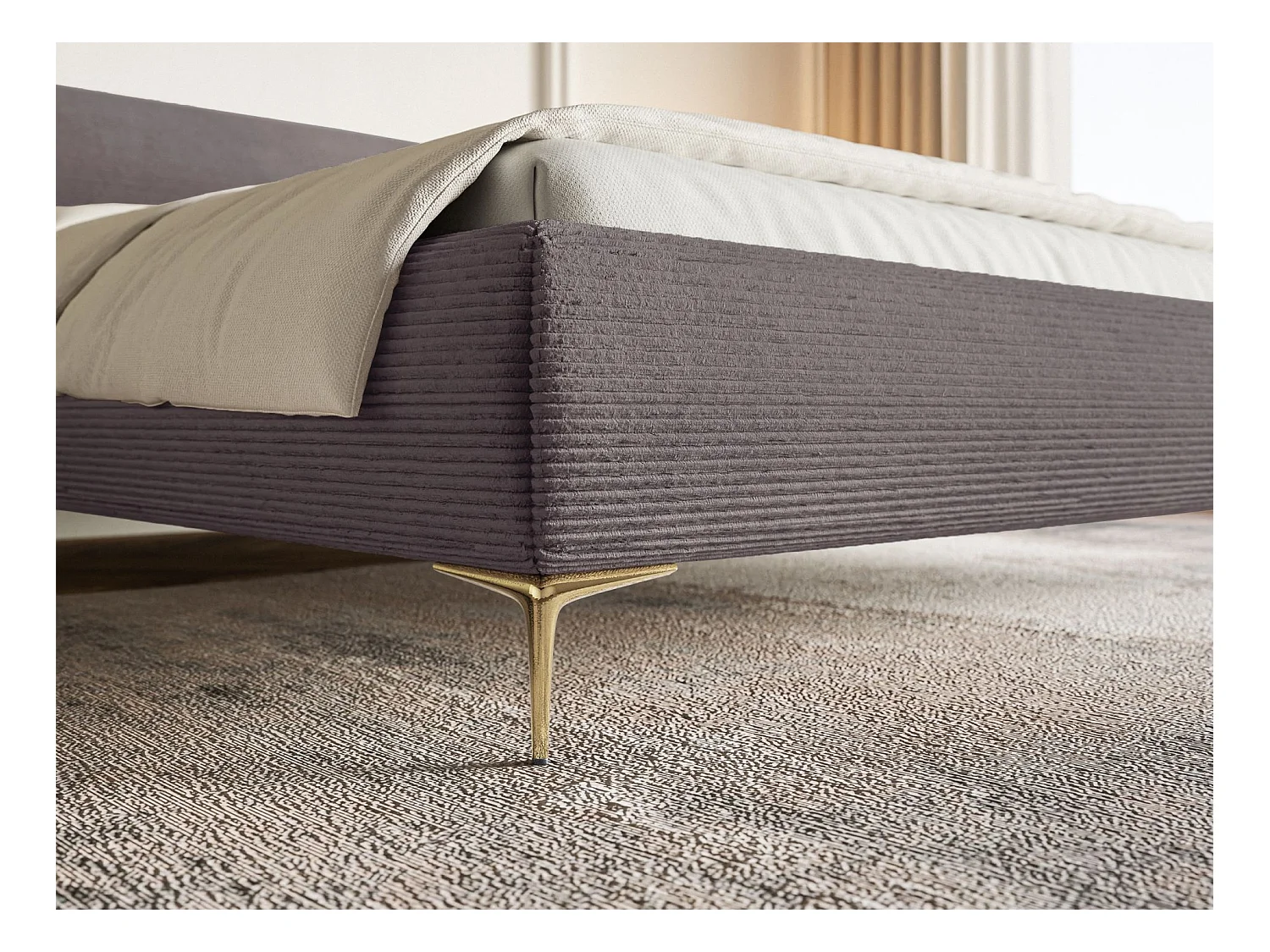 Polsterbett 160x200 mit Bettkasten – Cordstoff – goldfarbenen Füßen – Braun – ROULE CORD