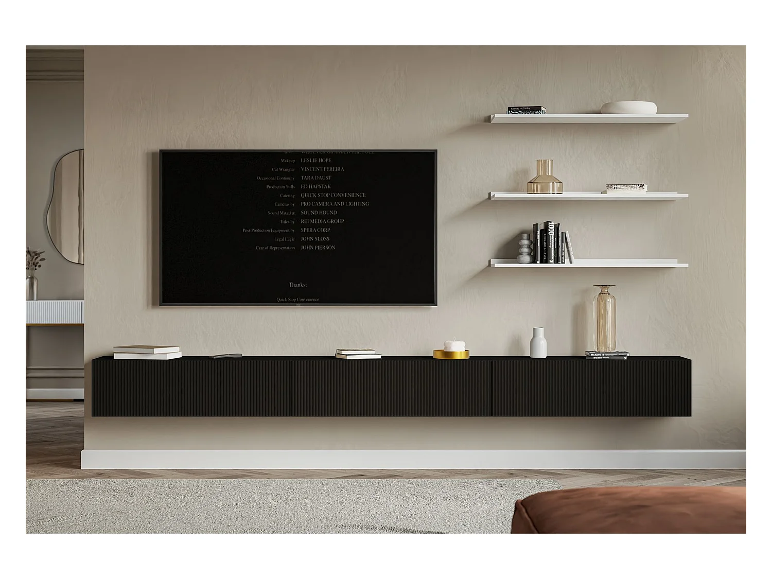 TV-Lowboard hängend – mit geriffelten Fronten – 300 cm – schwarz – VELDIO