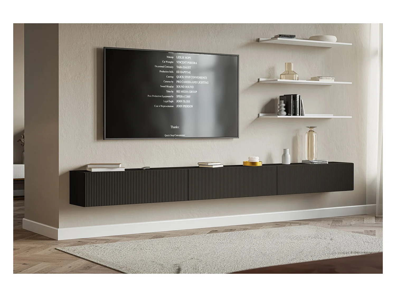 TV-Lowboard hängend – mit geriffelten Fronten – 300 cm – schwarz – VELDIO