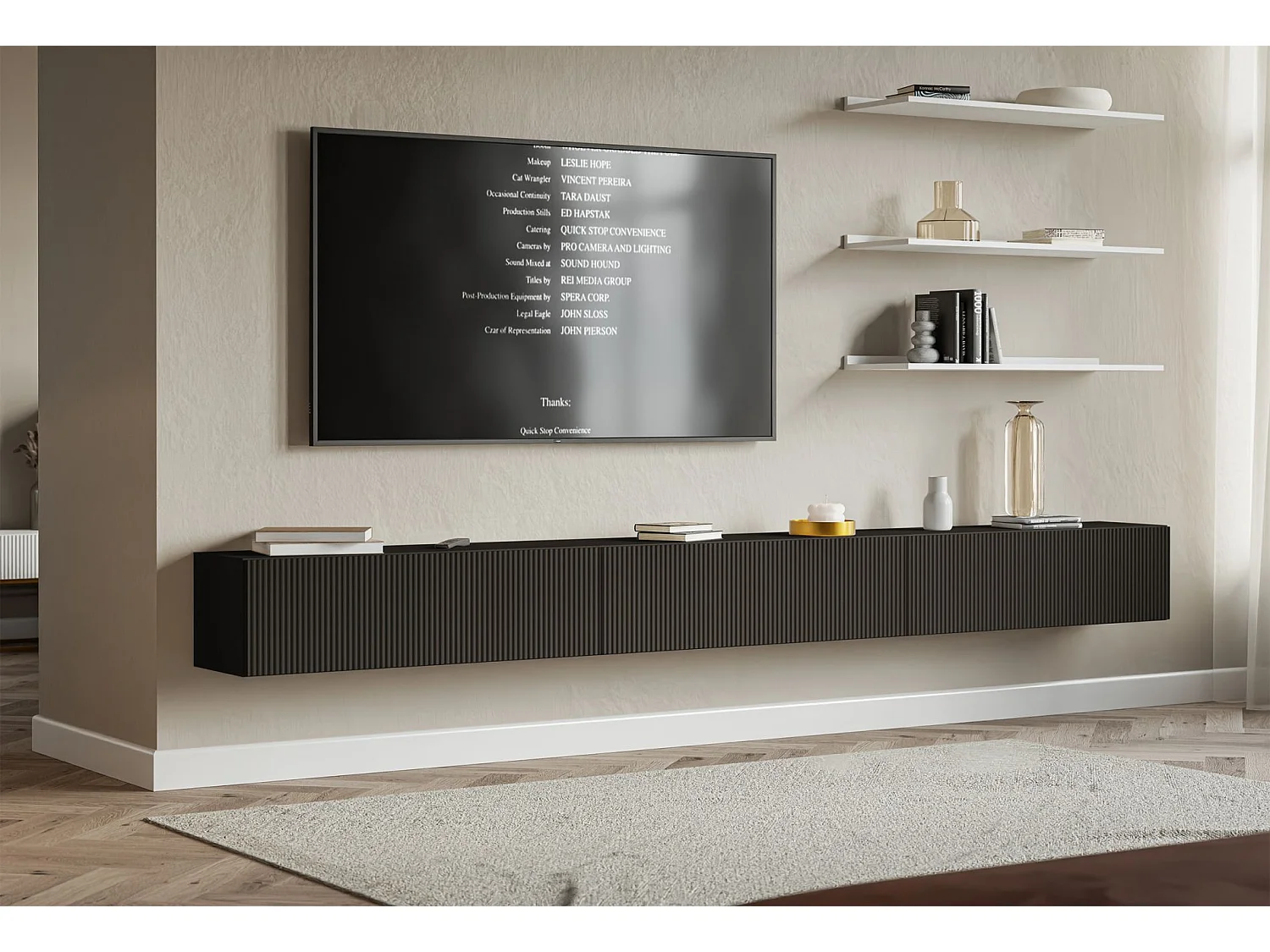 Meuble TV mural avec façades à lamelles rainurées – 3 portes – noir – 300 cm – VELDIO