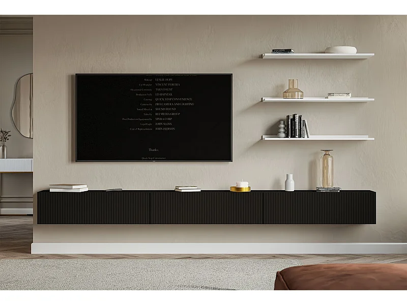 Meuble TV mural avec façades à lamelles rainurées – 3 portes – noir – 300 cm – VELDIO