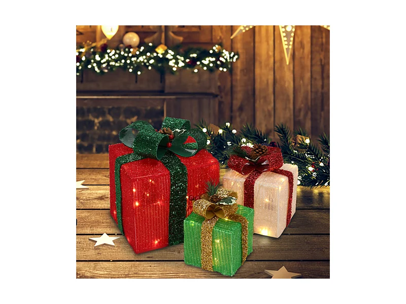 3er Set LED Dekoobjekt Weihnachts Deko Boxen mit LED60-Leuchte Warmweißes Licht LED Geschenkboxen Weihnachtsgeschenkbox