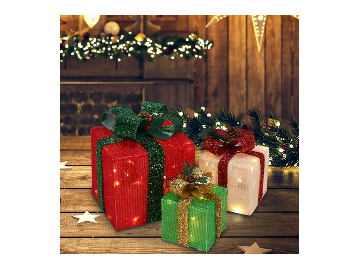 3er Set LED Dekoobjekt Weihnachts Deko Boxen mit LED60-Leuchte Warmweißes Licht LED Geschenkboxen Weihnachtsgeschenkbox
