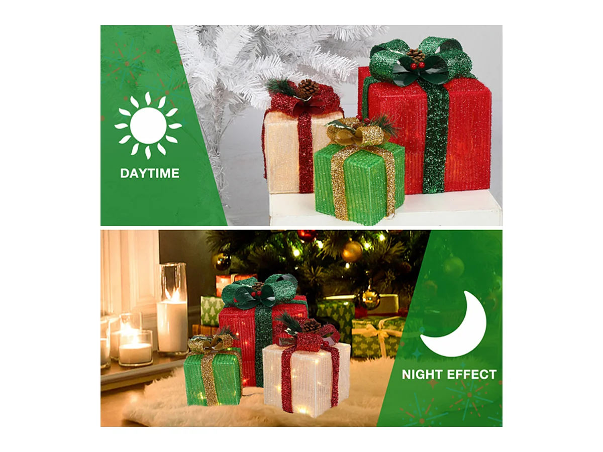 3er Set LED Dekoobjekt Weihnachts Deko Boxen mit LED60-Leuchte Warmweißes Licht LED Geschenkboxen Weihnachtsgeschenkbox