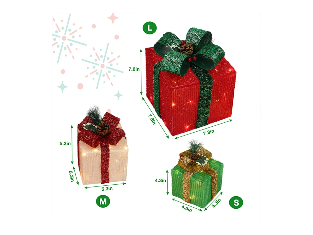 3er Set LED Dekoobjekt Weihnachts Deko Boxen mit LED60-Leuchte Warmweißes Licht LED Geschenkboxen Weihnachtsgeschenkbox