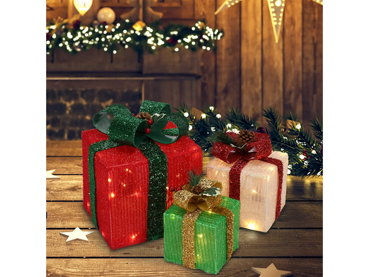 3er Set LED Dekoobjekt Weihnachts Deko Boxen mit LED60-Leuchte Warmweißes Licht LED Geschenkboxen Weihnachtsgeschenkbox