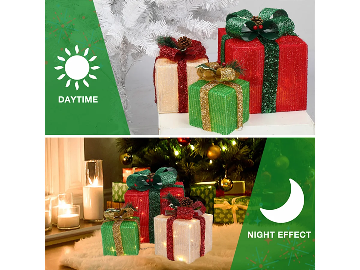 3er Set LED Dekoobjekt Weihnachts Deko Boxen mit LED60-Leuchte Warmweißes Licht LED Geschenkboxen Weihnachtsgeschenkbox