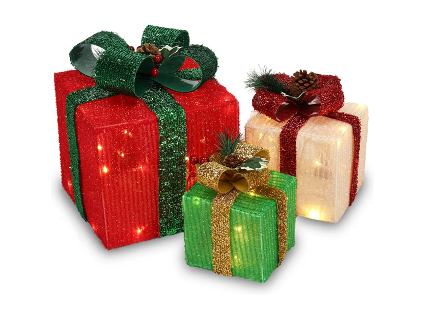 3er Set LED Dekoobjekt Weihnachts Deko Boxen mit LED60-Leuchte Warmweißes Licht LED Geschenkboxen Weihnachtsgeschenkbox