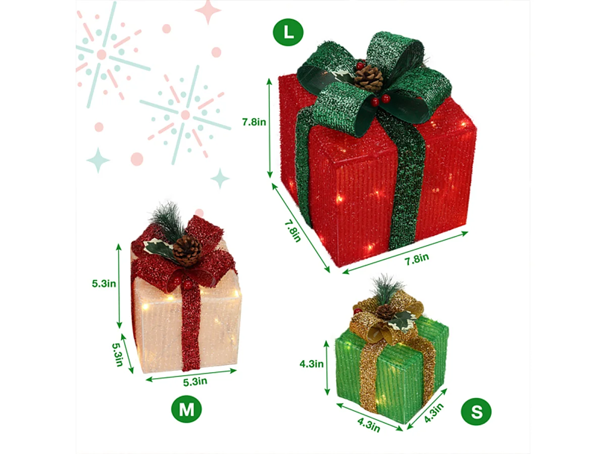 3er Set LED Dekoobjekt Weihnachts Deko Boxen mit LED60-Leuchte Warmweißes Licht LED Geschenkboxen Weihnachtsgeschenkbox