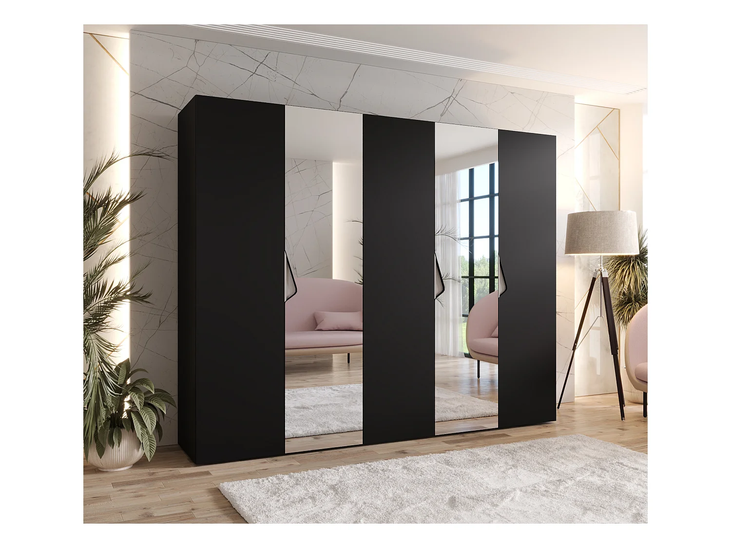 Armoire à portes battantes Sandi 2 250 / 202 / 52 (Noir + poignées: Cachemire)