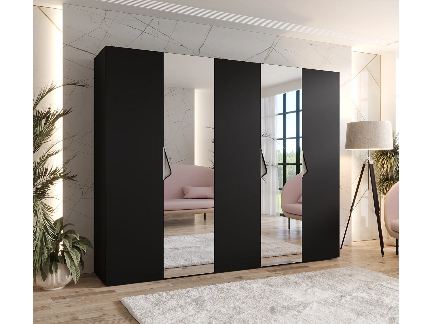 Armoire à portes battantes Sandi 2 250 / 202 / 52 (Noir + poignées: Cachemire)