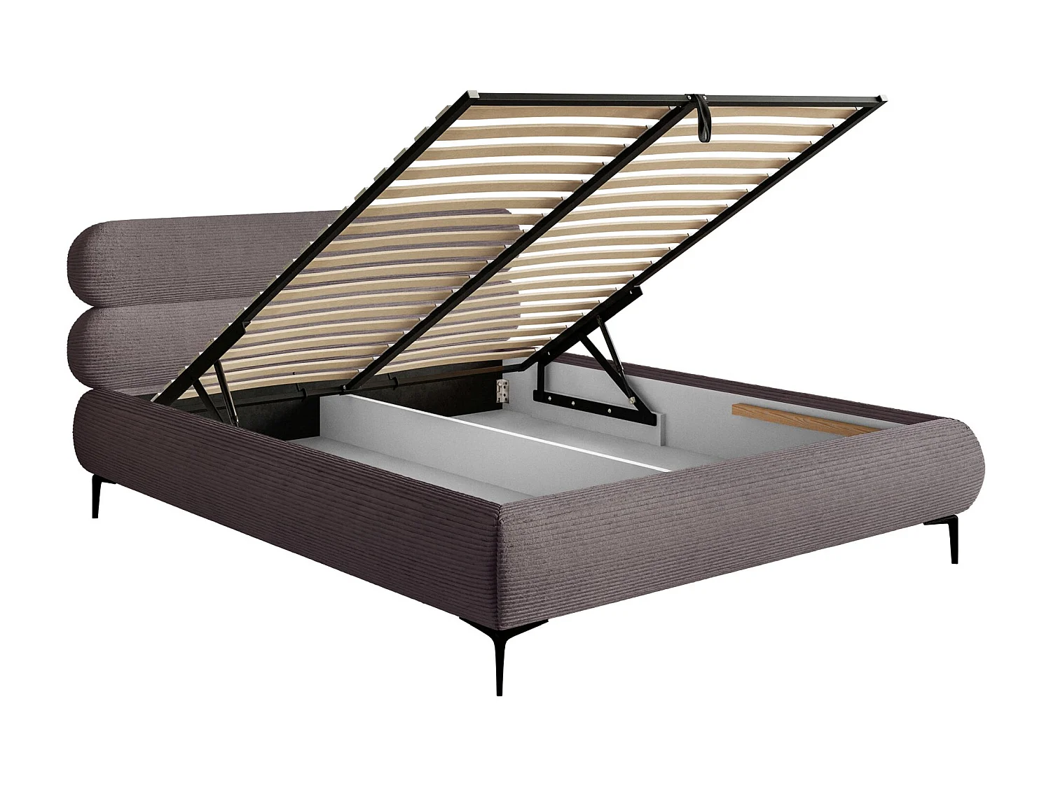 Gestoffeerd bed 180×200 met opbergruimte – ribfluweel en zwarte poten – bruin – ROULE CORD