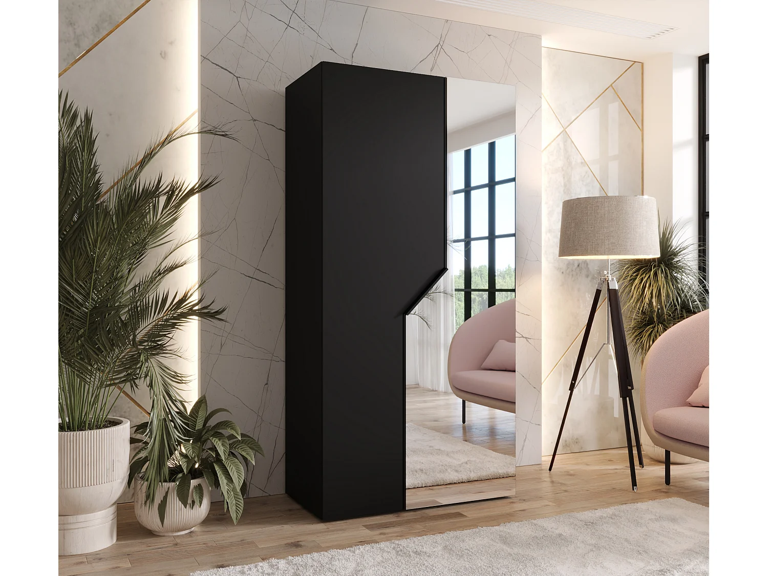 Armoire à portes battantes Andrew 2 100 / 202 / 52 (Noir + poignées: Noir)