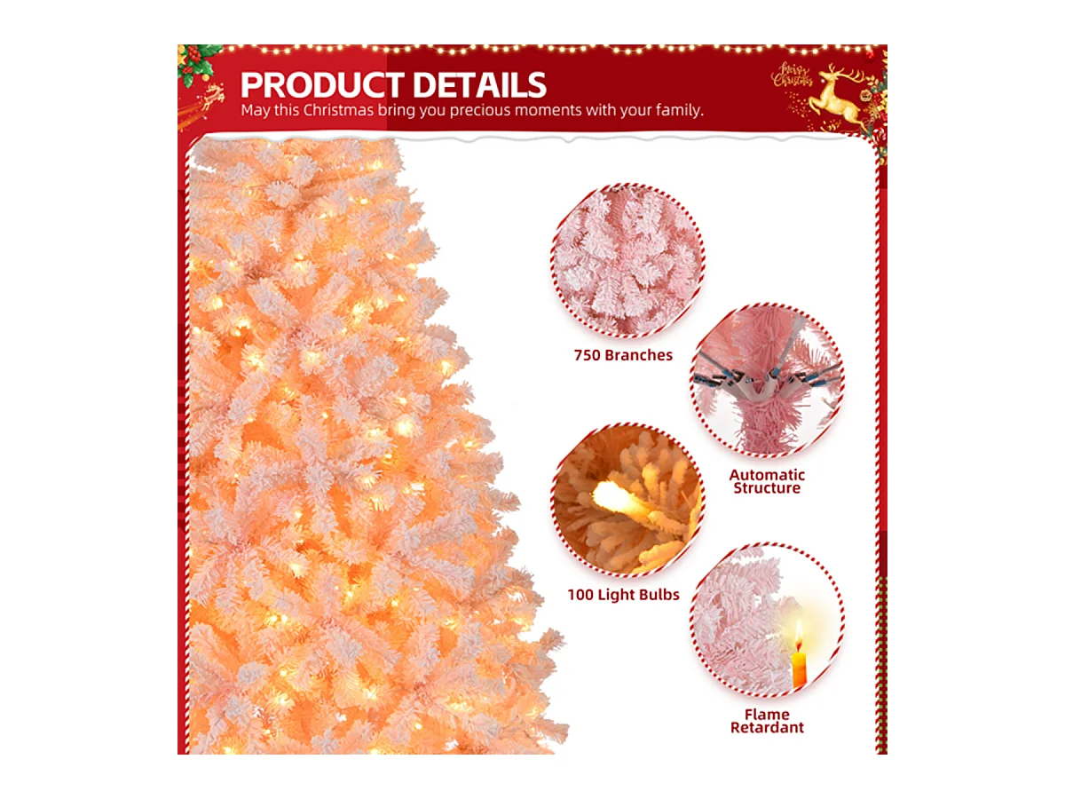 Weihnachtsbaum mit 100 warmen Lichtern und 750 Zweigspitzen Künstlichen Weihnachten Tannenbaum Weihnachtsdekoration Rosa