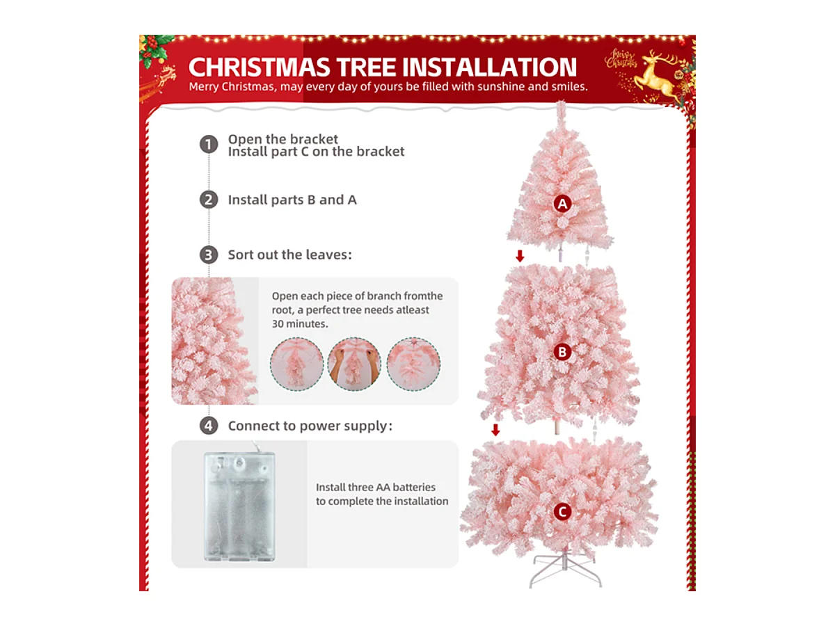 Weihnachtsbaum mit 100 warmen Lichtern und 750 Zweigspitzen Künstlichen Weihnachten Tannenbaum Weihnachtsdekoration Rosa