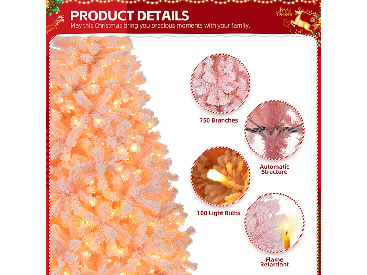 Weihnachtsbaum mit 100 warmen Lichtern und 750 Zweigspitzen Künstlichen Weihnachten Tannenbaum Weihnachtsdekoration Rosa