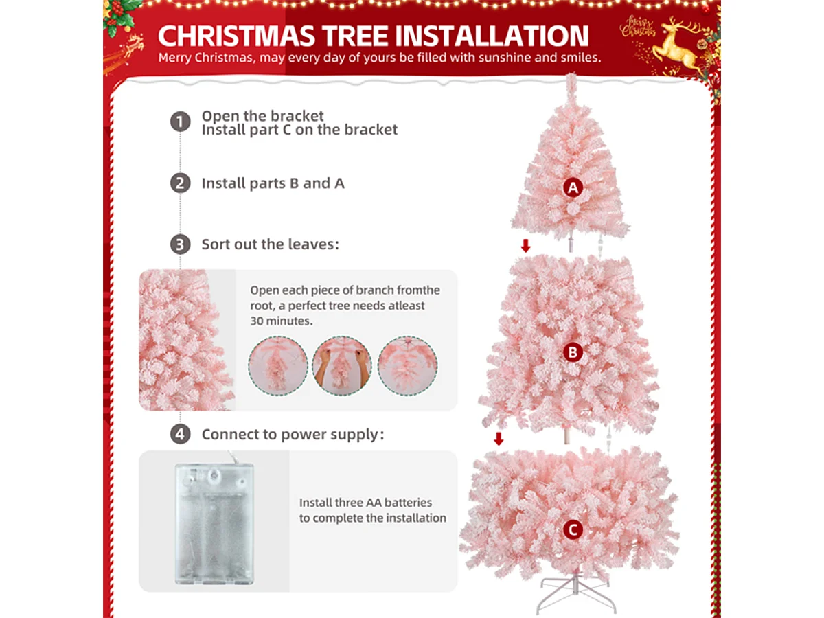 Weihnachtsbaum mit 100 warmen Lichtern und 750 Zweigspitzen Künstlichen Weihnachten Tannenbaum Weihnachtsdekoration Rosa
