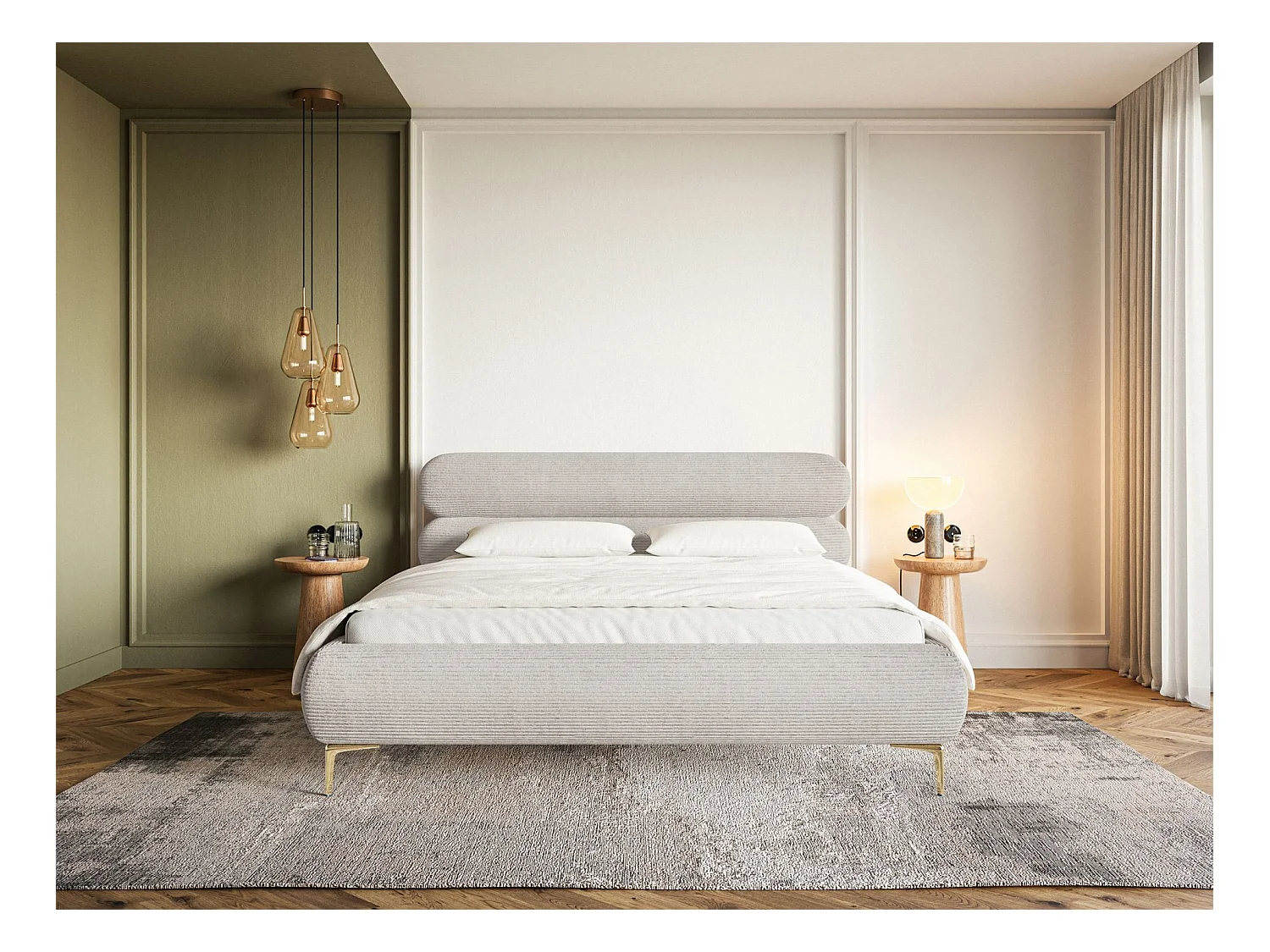 Polsterbett 160x200 mit Bettkasten – Cordstoff – goldfarbenen Füßen – Greige – ROULE CORD