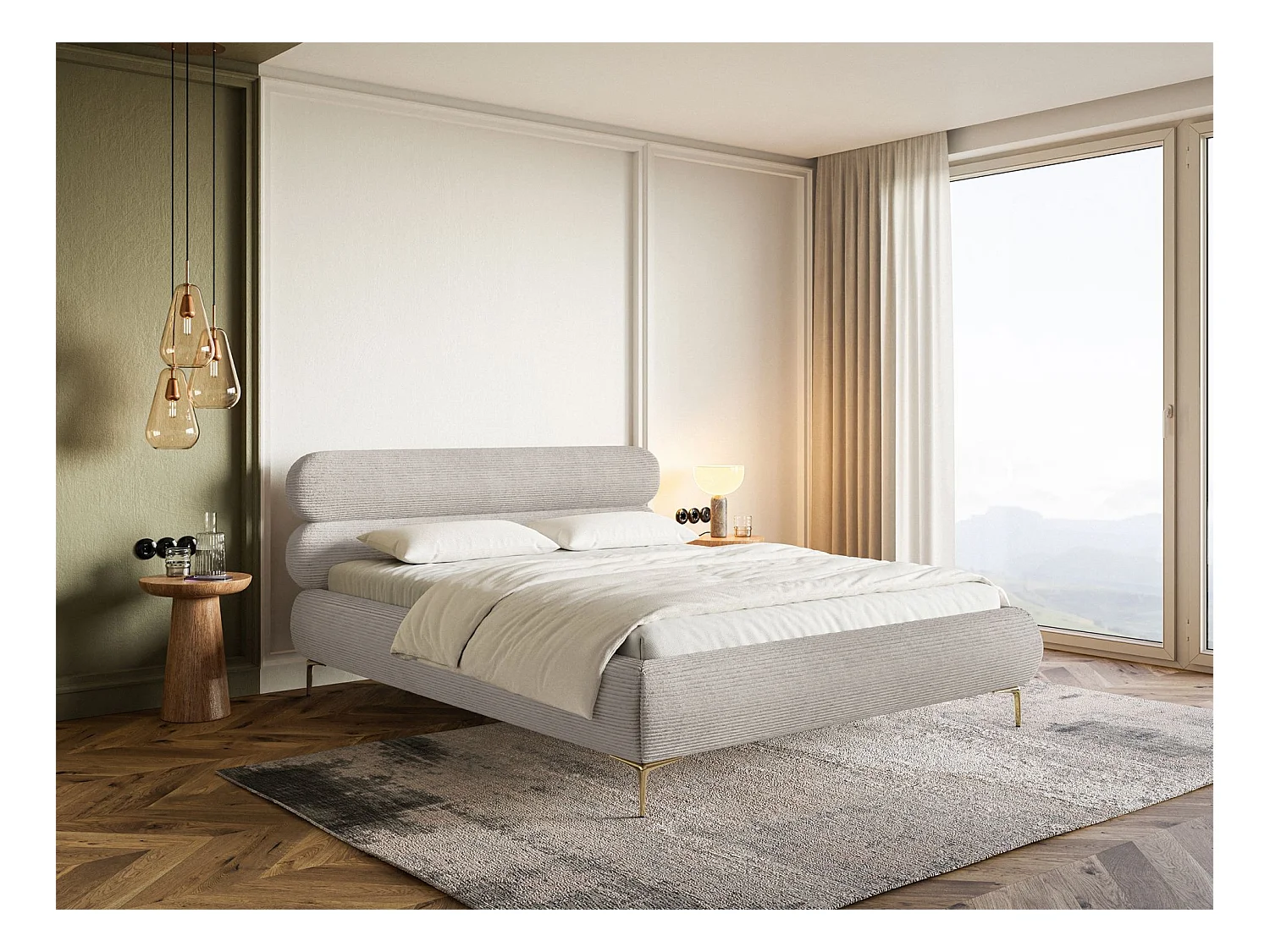Polsterbett 160x200 mit Bettkasten – Cordstoff – goldfarbenen Füßen – Greige – ROULE CORD