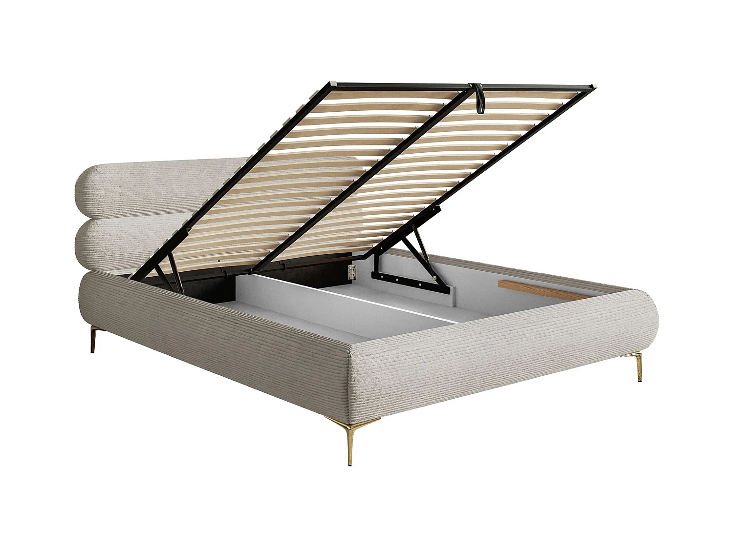 Polsterbett 160x200 mit Bettkasten – Cordstoff – goldfarbenen Füßen – Greige – ROULE CORD