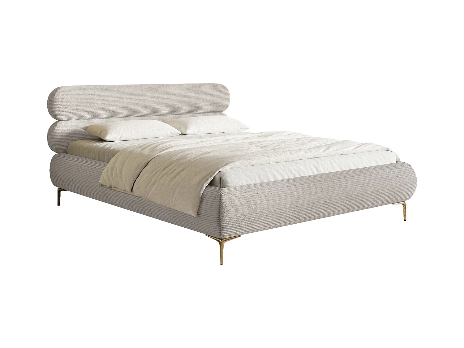 Polsterbett 160x200 mit Bettkasten – Cordstoff – goldfarbenen Füßen – Greige – ROULE CORD