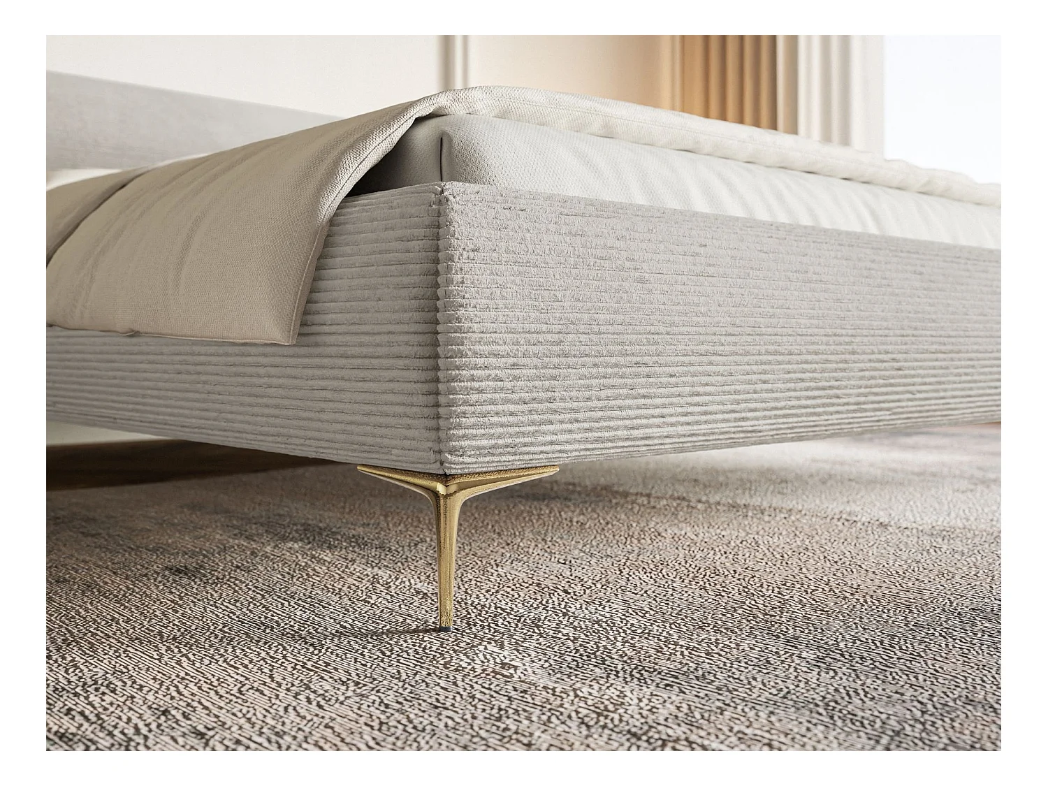 Polsterbett 160x200 mit Bettkasten – Cordstoff – goldfarbenen Füßen – Greige – ROULE CORD
