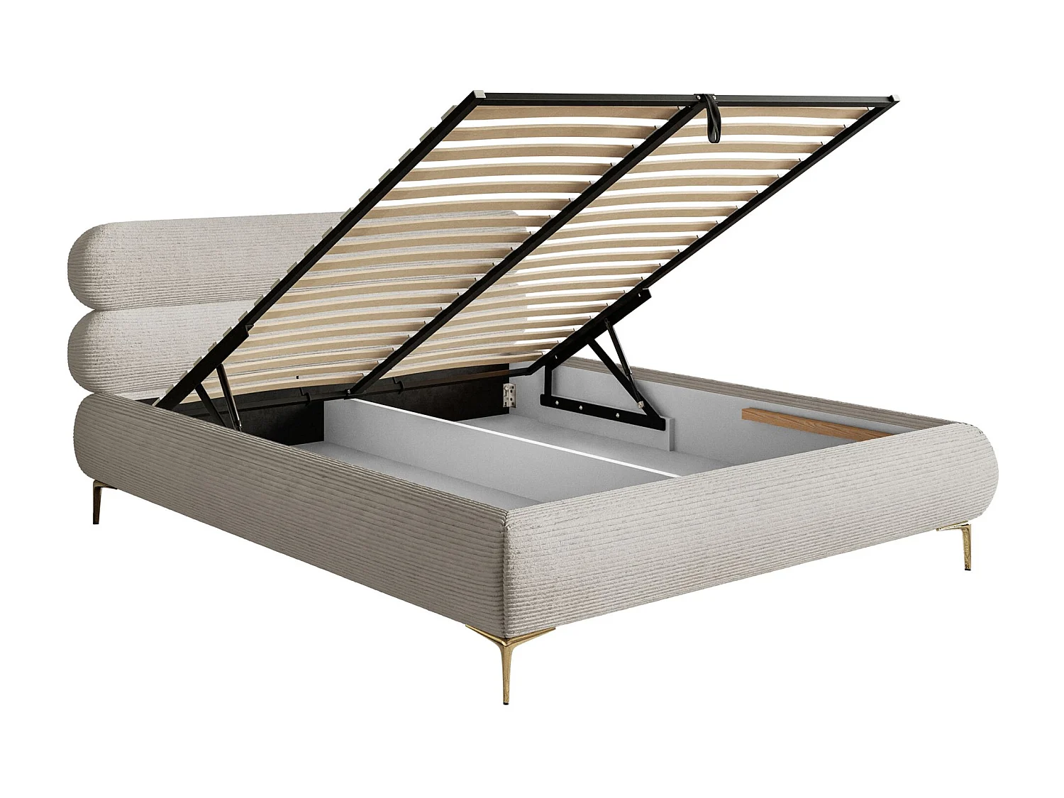 Lit tapissé 160x200 – rangement – velours côtelé – greige – ROULE CORD