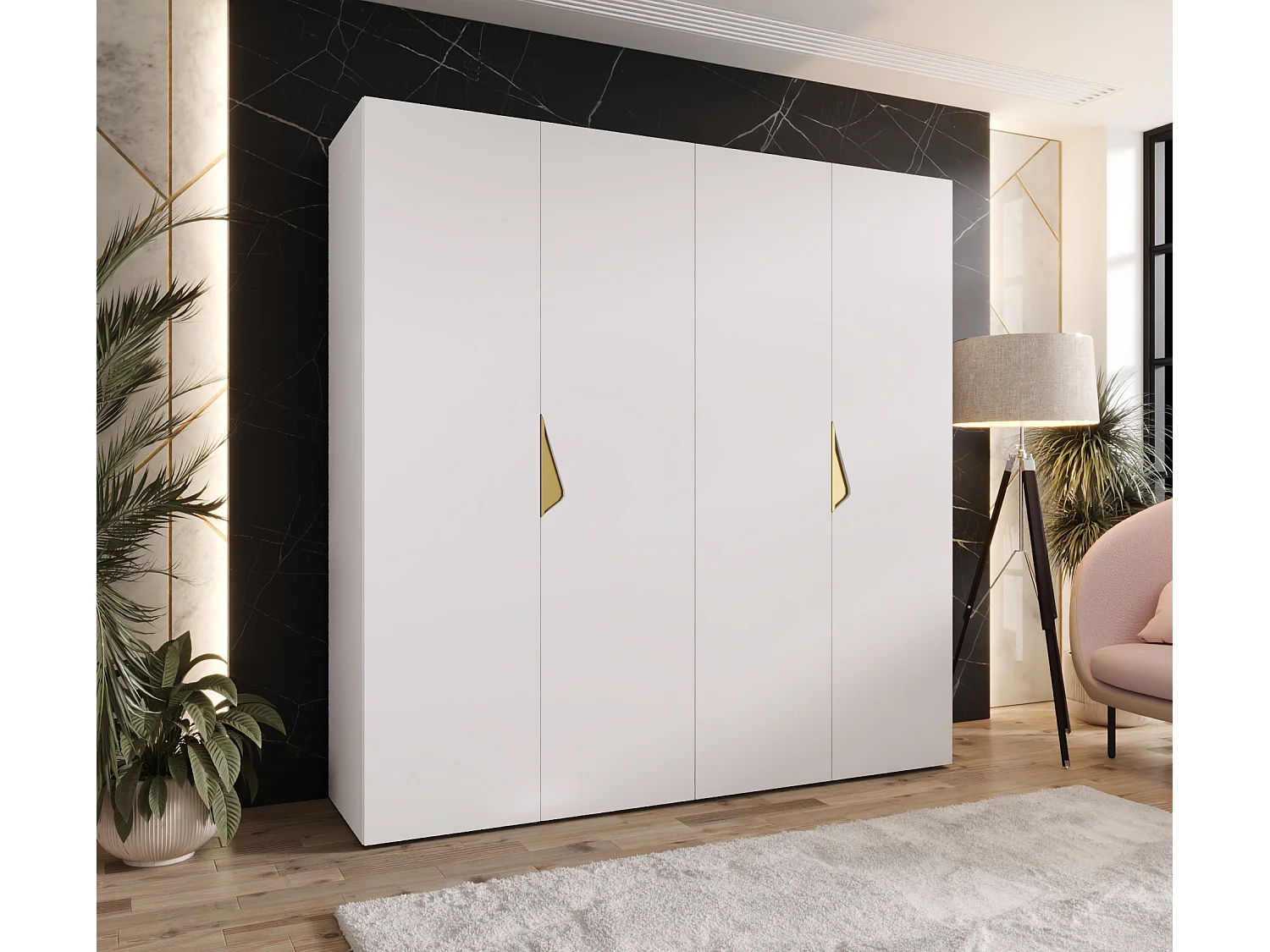 Armoire à portes battantes Sandi 1 200 / 202 / 52 (Blanc + poignées: Gold)