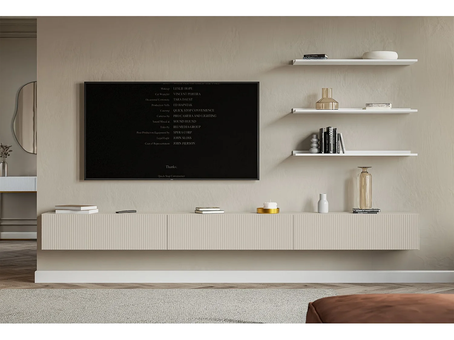 Selsey Veldio – Hangend TV-meubel met geribbelde fronten – 300 cm – grijsbeige