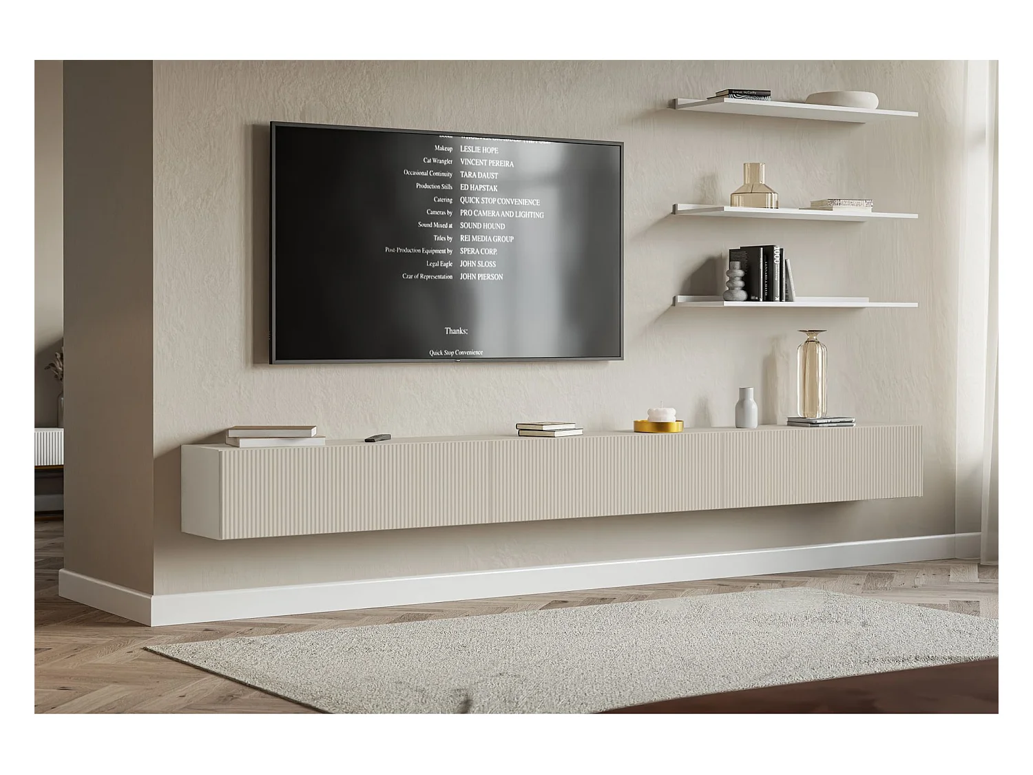 Selsey Veldio – Hangend TV-meubel met geribbelde fronten – 300 cm – grijsbeige