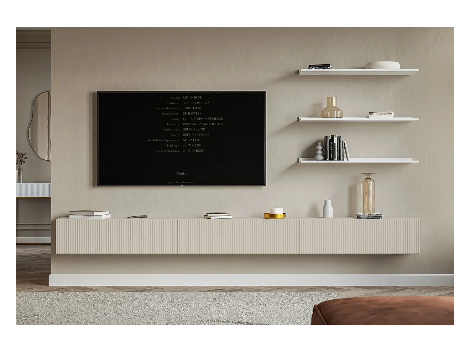 TV-Lowboard hängend – mit geriffelten Fronten – 300 cm – greige – VELDIO