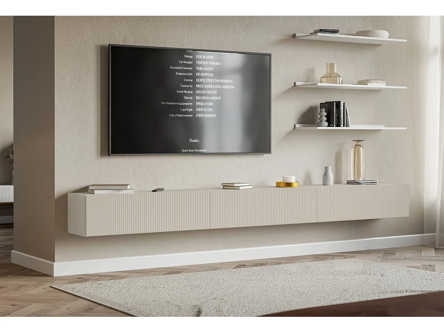 Meuble TV mural avec façades à lamelles rainurées – 3 portes – beige gris – 300 cm – VELDIO