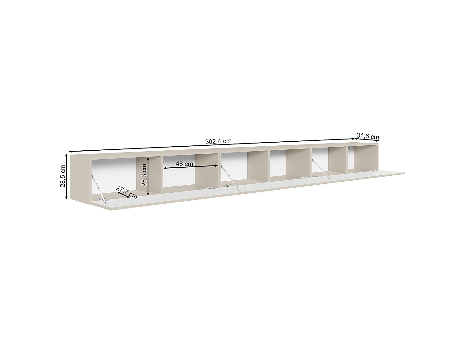TV-Lowboard hängend – mit geriffelten Fronten – 300 cm – greige – VELDIO