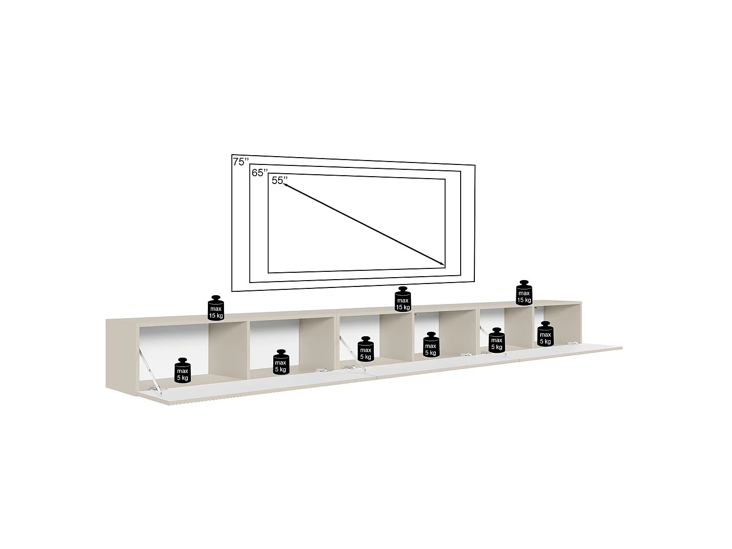 TV-Lowboard hängend – mit geriffelten Fronten – 300 cm – greige – VELDIO