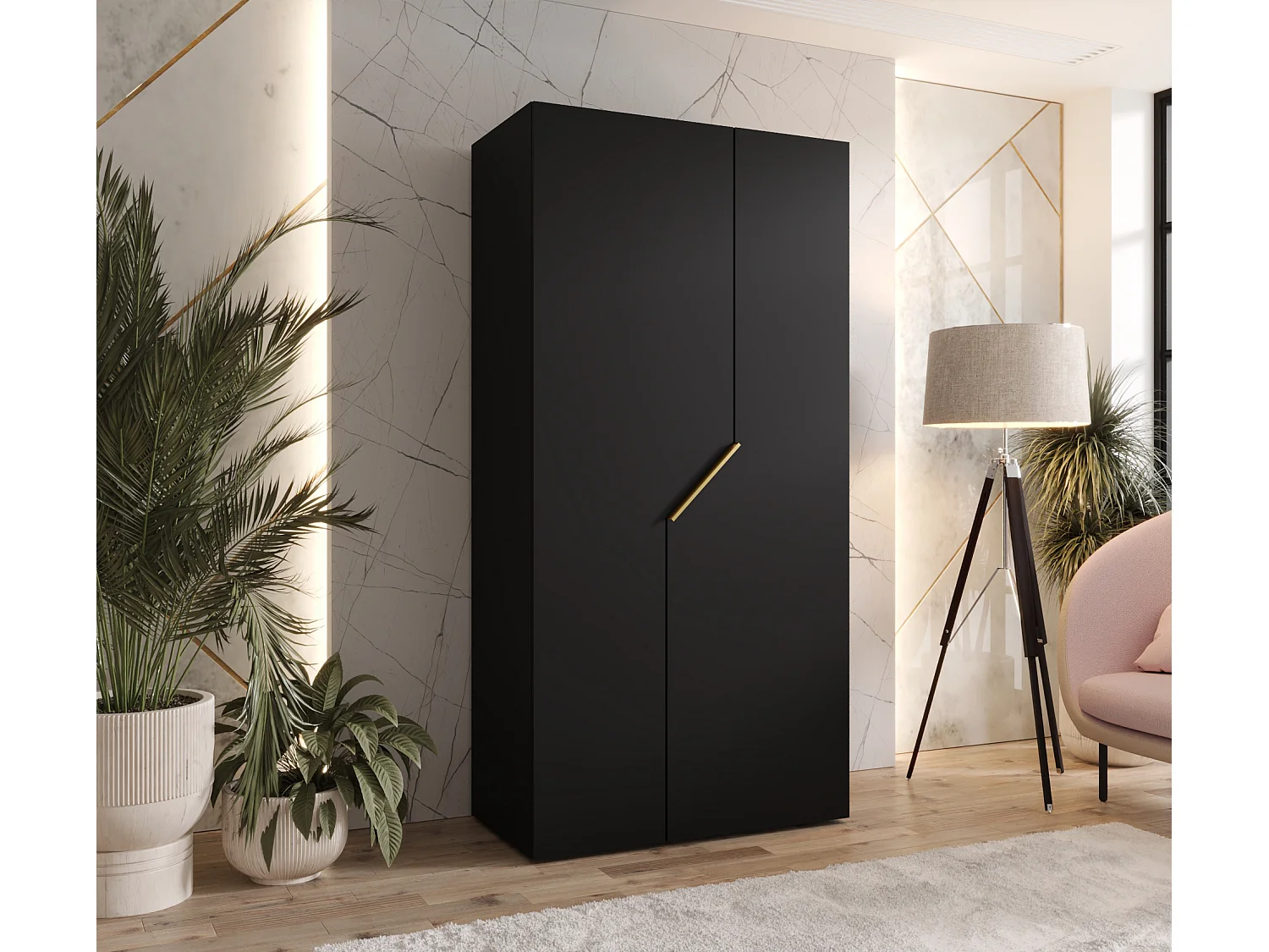 Armoire à portes battantes Andrew 1 100 / 202 / 52 (Noir + poignées: Gold)