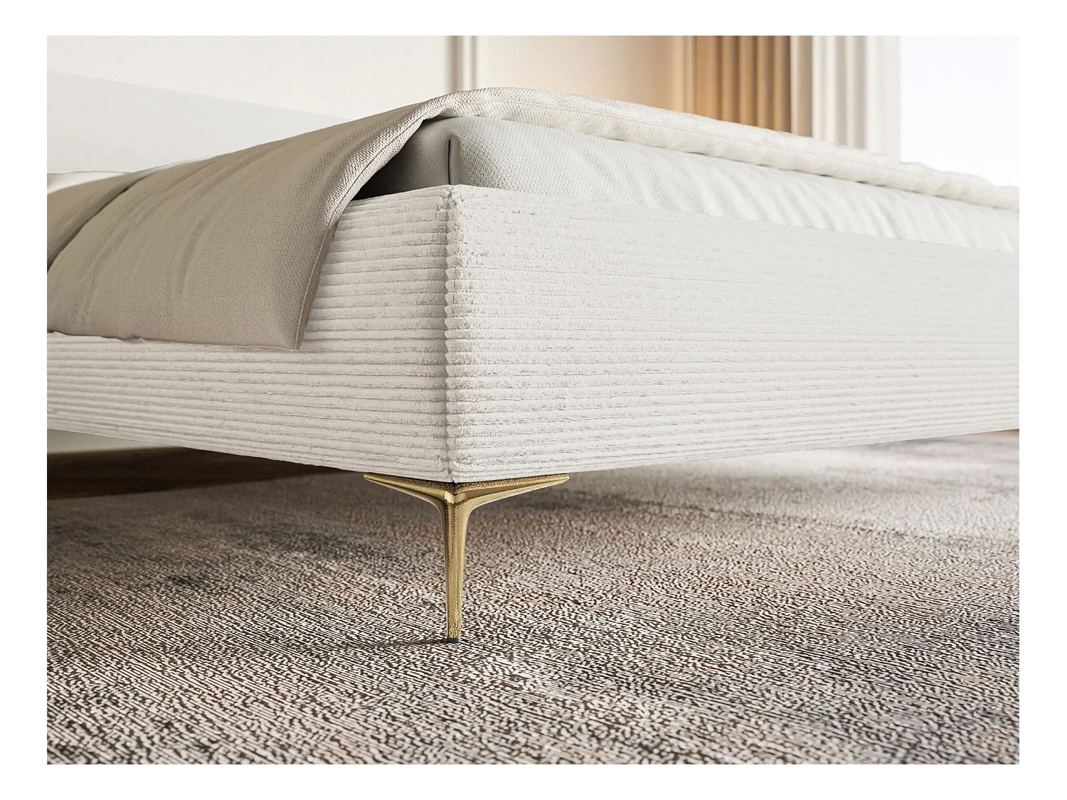 Polsterbett 160x200 mit Bettkasten – Cordstoff – goldfarbenen Füßen – Creme – ROULE CORD