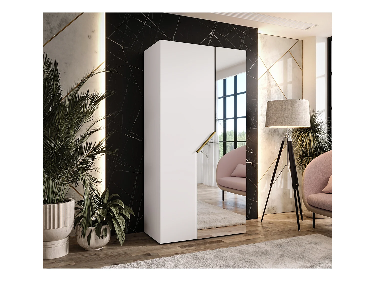 Drehtürenschrank Andrew 2 100 / 202 / 52 (Weiß + Griffe: Gold)