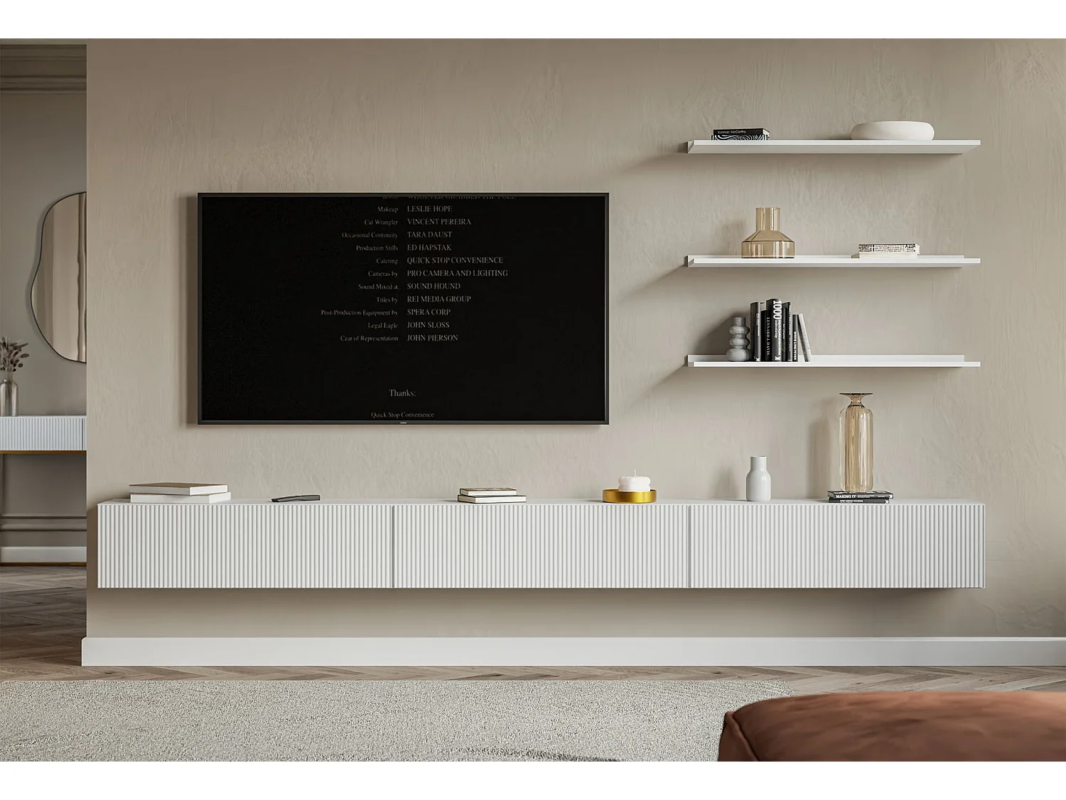 Selsey Veldio – Hangend TV-meubel met geribbelde fronten – 300 cm – wit