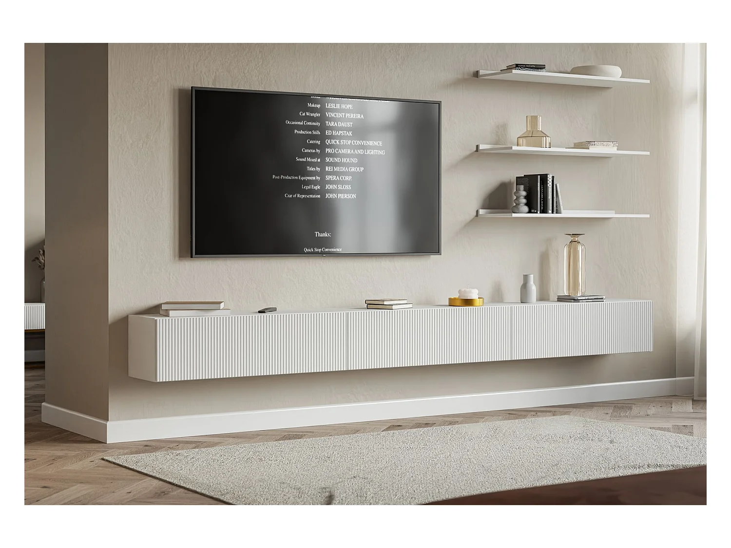 Selsey Veldio – Hangend TV-meubel met geribbelde fronten – 300 cm – wit