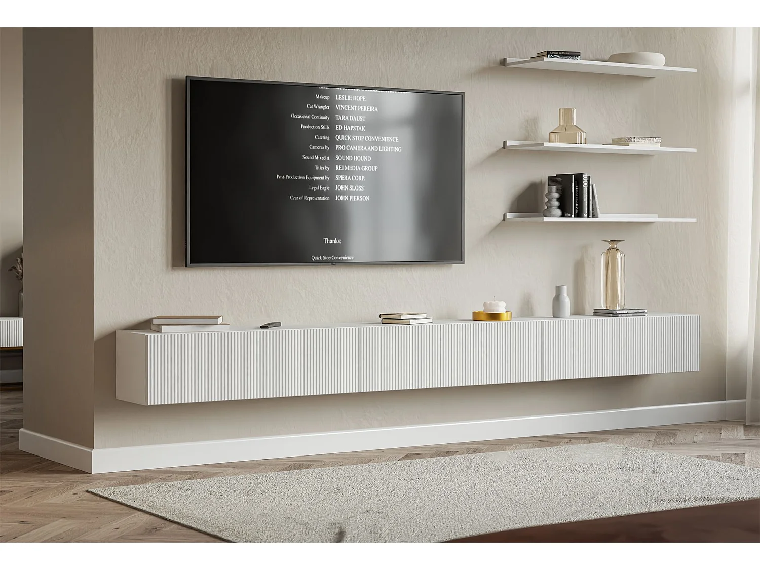 Meuble TV mural avec façades à lamelles rainurées – 3 portes – blanc – 300 cm – VELDIO