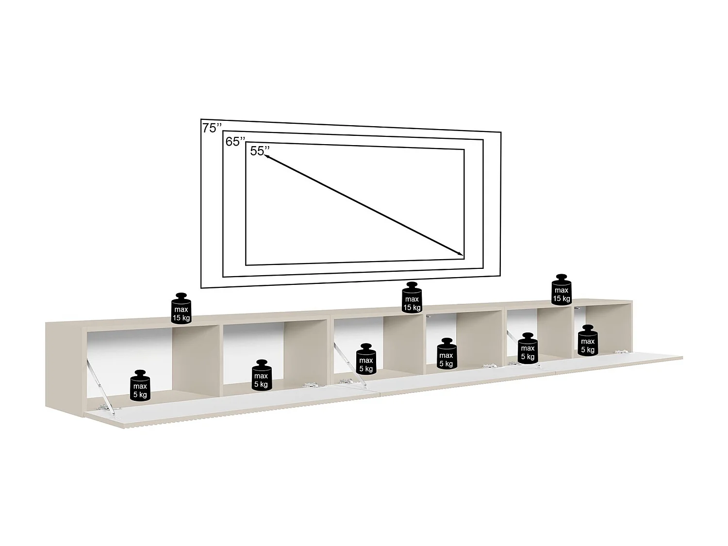Meuble TV mural avec façades à lamelles rainurées – 3 portes – blanc – 300 cm – VELDIO