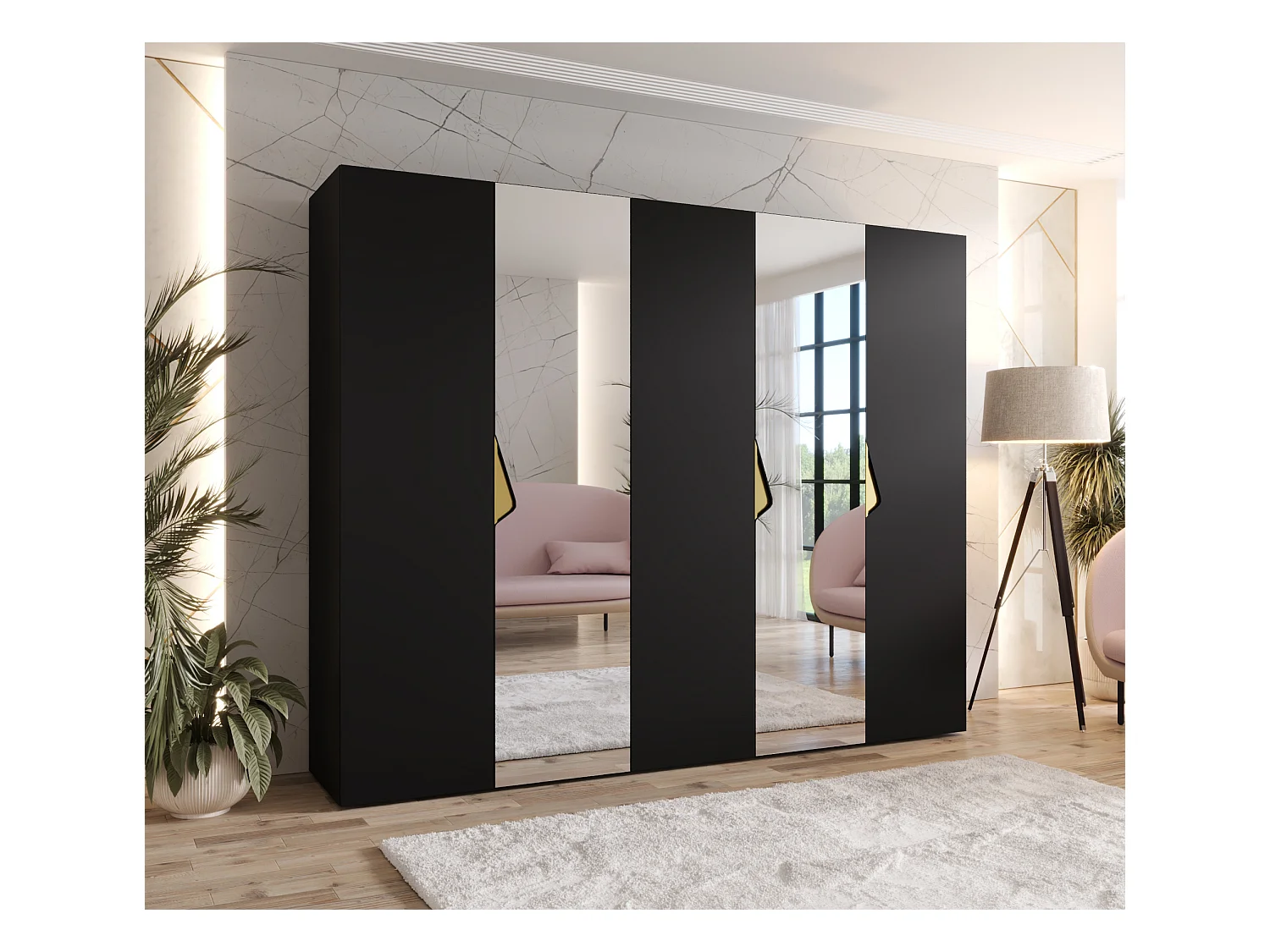 Armoire à portes battantes Sandi 2 250 / 202 / 52 (Noir + poignées: Gold)