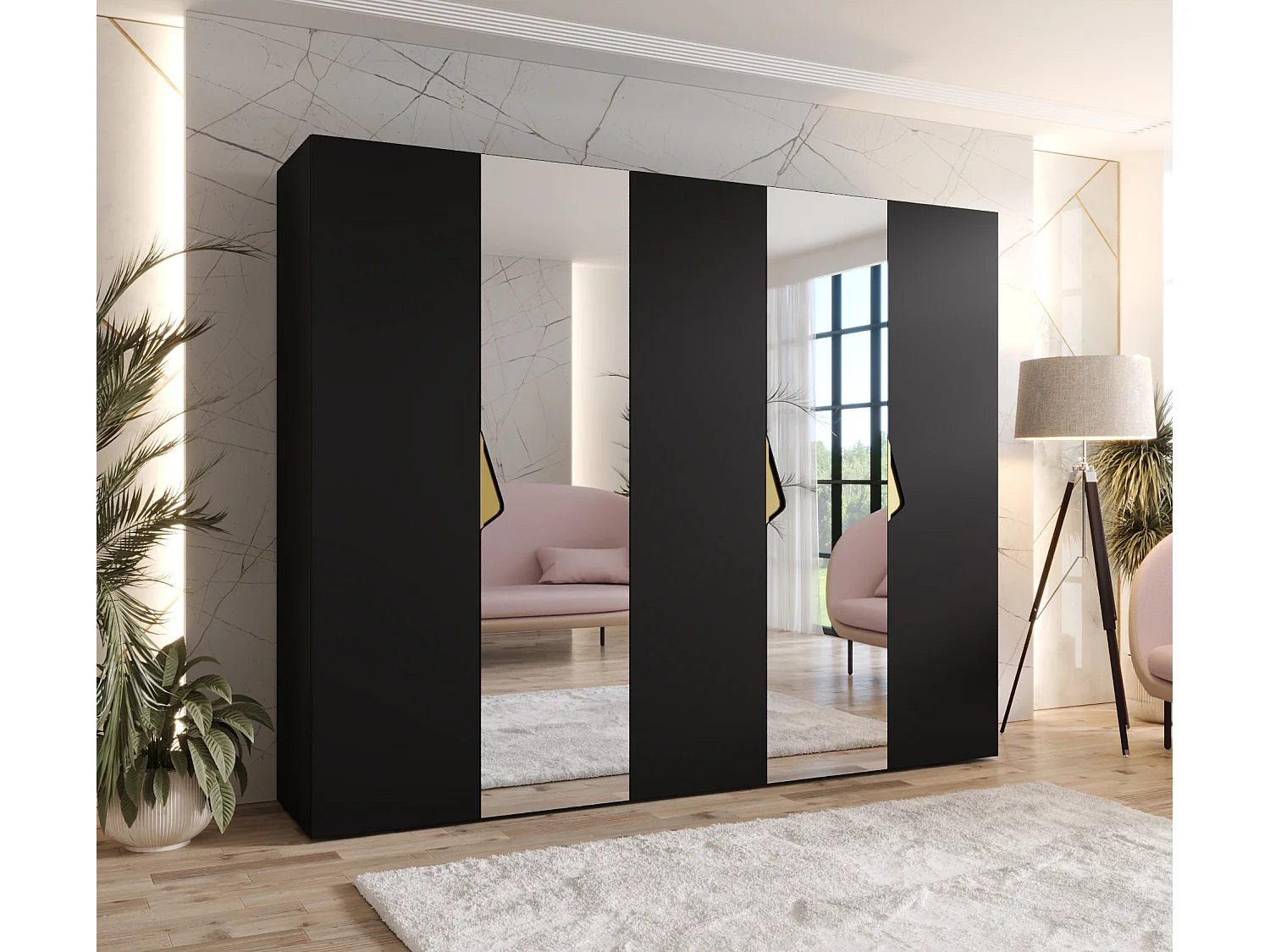 Armoire à portes battantes Sandi 2 250 / 202 / 52 (Noir + poignées: Gold)