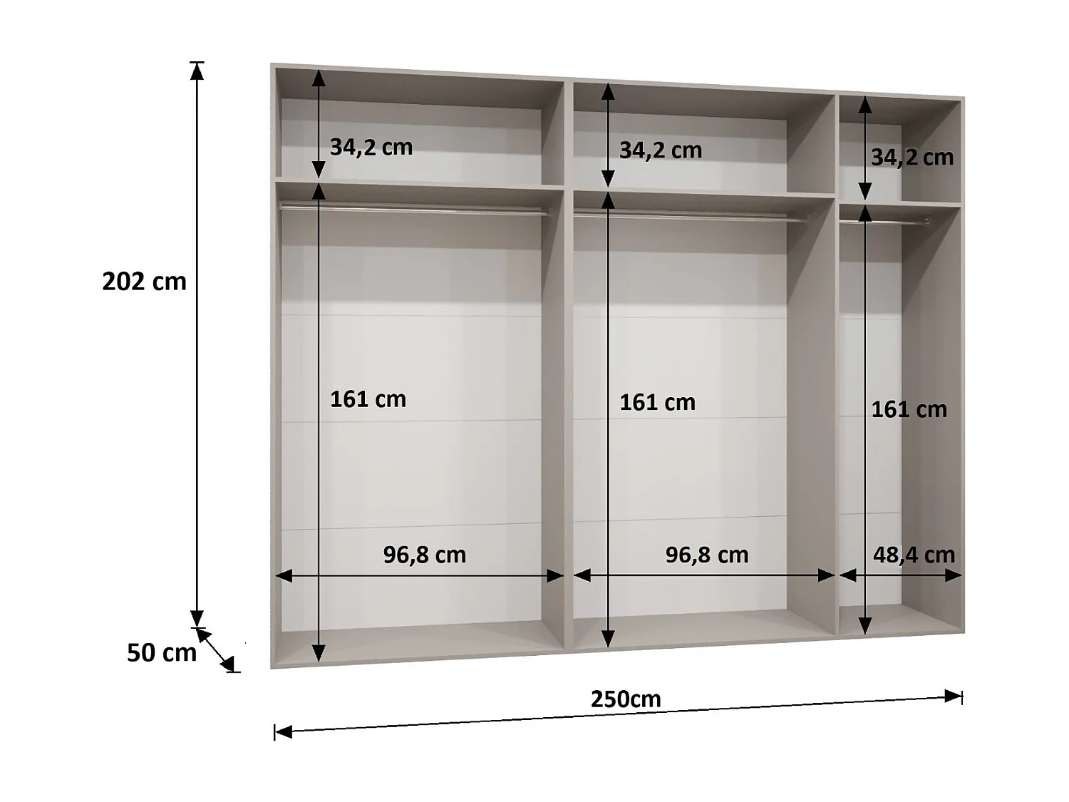 Armoire à portes battantes Sandi 2 250 / 202 / 52 (Noir + poignées: Gold)